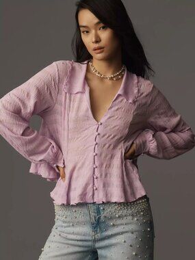 By Anthropologie Long-Sleeve Button-Front Textured Blouse Size XL